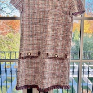 NEW- Zara TWEED dress -pinks, blues, mauves. Pearl Button detail .
